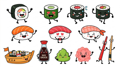 Funny Sushi Roll Cartoon Character Collection Vector Illustration © Kuddus