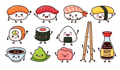 Cute Emoji Sushi Cartoon Characters Vector Set Isolated on White © Kuddus