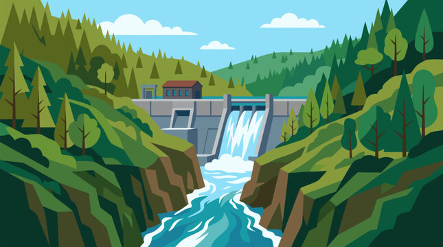Aerial view of a small hydroelectric dam releasing powerful water through a lush green forested gorge, cascading turquoise river, renewable energy infrastructure, sustainable power generation,