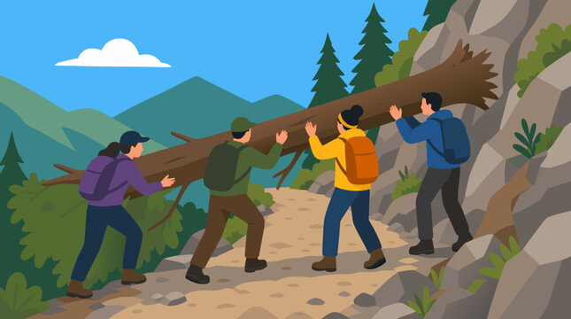 Outdoor hikers teamwork vector illustration showing group lifting fallen tree from narrow mountain trail, clearing blocked path among rocks, pines and green valleys for adventure safety themes