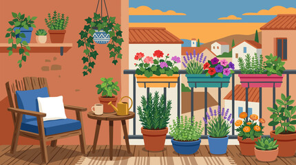 Obraz premium Cozy Mediterranean balcony garden vector illustration with potted herbs, blooming flowers, hanging ivy, wooden chair, tea table and sunny terracotta village view for relaxed urban outdoor living
