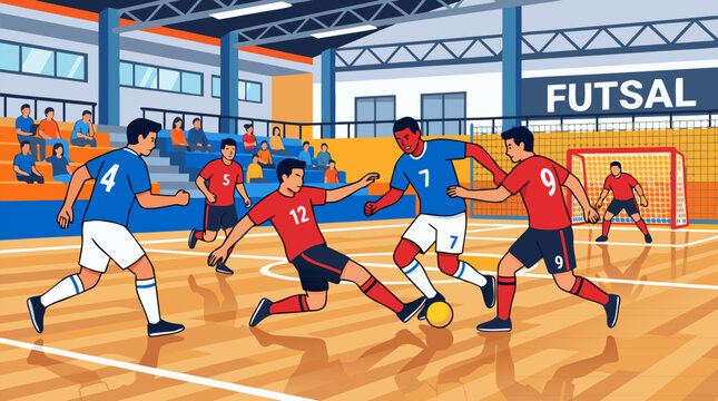 Dynamic indoor futsal match vector illustration with players tackling for the ball on a glossy wooden court, cheering spectators, goal net and modern sports hall competition energy action