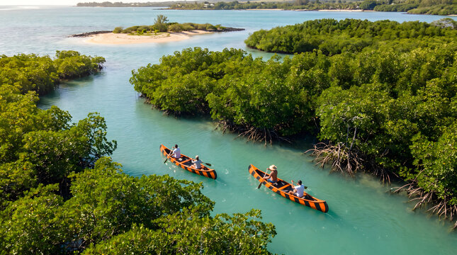 Aerial drone view of three people canoeing in orange - black canoes in the mangroves, Ilot Lievres, Flacq, Mauritius.
