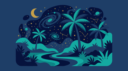 Tropical palm trees under starry night constellation sky. © johanes