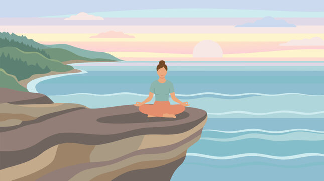 Serene woman meditating cross legged on dramatic ocean cliff at pastel sunset, calm waves and misty coastline creating mindful wellness retreat flat vector landscape illustration scene