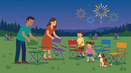 Fototapeta premium Happy family arranging colorful folding chairs on a grassy lawn at dusk, children and dog preparing for a community fireworks show under a starry summer sky, cheerful vector illustration
