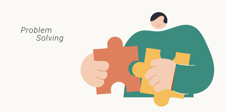 Flat vector illustration of man connecting two puzzle pieces representing problem solving and business solution.