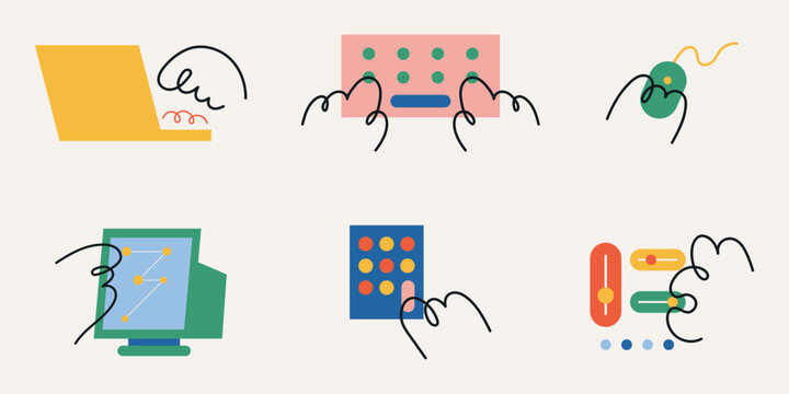 Hand drawn line icon collection featuring modern workplace technology, devices and digital tools illustration.