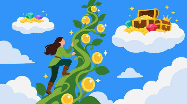 Ambitious woman climbing a giant magical beanstalk with shining gold coins toward treasure clouds, vibrant vector illustration of wealth growth, financial goals, opportunity, and success fantasy