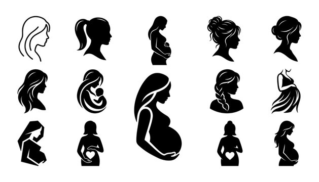 Silhouette Set of Women Profiles and Poses with Athletic Heart Icons for Fitness and Wellness Icon Design