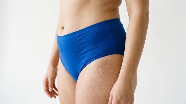 Body positive woman with stretch marks on thighs, female torso in blue cotton underwear, natural skin texture and imperfections