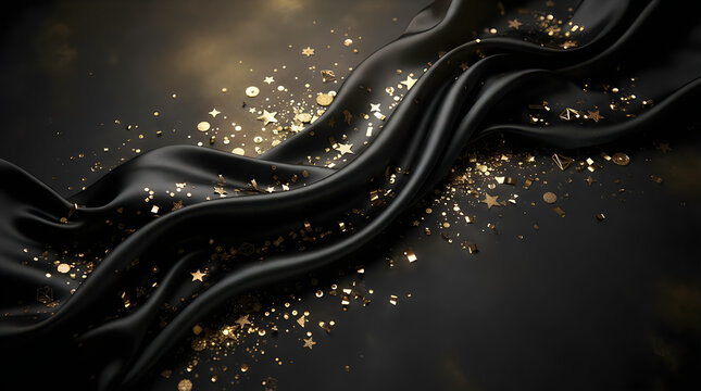 Luxurious black fabric with gold confetti and stars