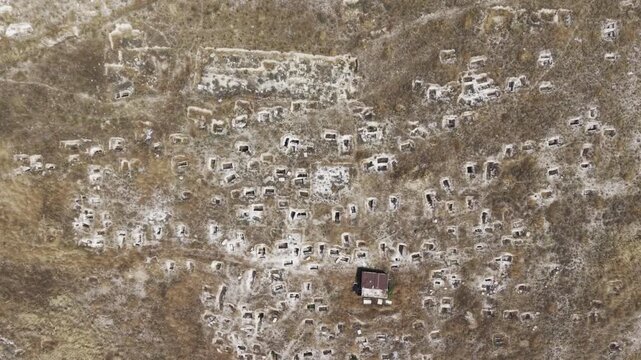 Drone Footage of Juliopolis Necropolis in Cayirhan Nallihan Ankara Turkey Showing Roman Byzantine Tombs and Archaeological Terrain