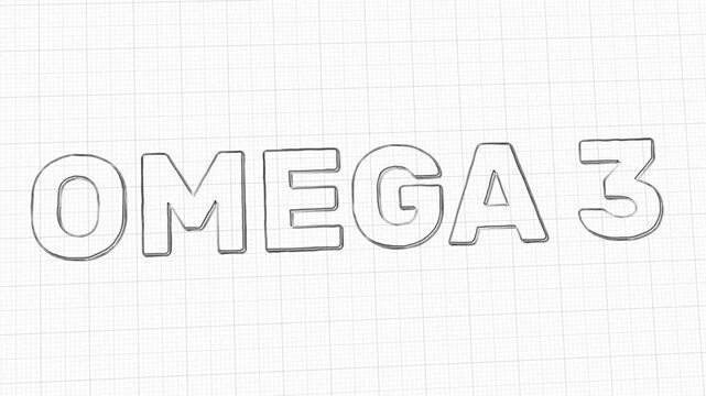 Sketch-style omega 3 text animation on grid paper background. Letters build up stroke by stroke in a hand-drawn outline style. Suitable for nutrition, heart health, brain function, or wellness content