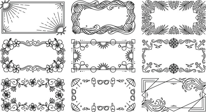 Collection of rectangular summer vector frames with beach themes and tropical elements transparent background