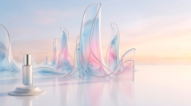 Elegant cosmetic perfume bottle stands on a clean white pedestal surrounded by artistic translucent glass waves in soft pastel colors