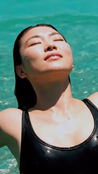 Asian woman floating on turquoise water wearing black swimsuit eyes closed sunlit skin gentle ripples slow peaceful motion summer leisure wellness escape cinematic closeups natural beauty