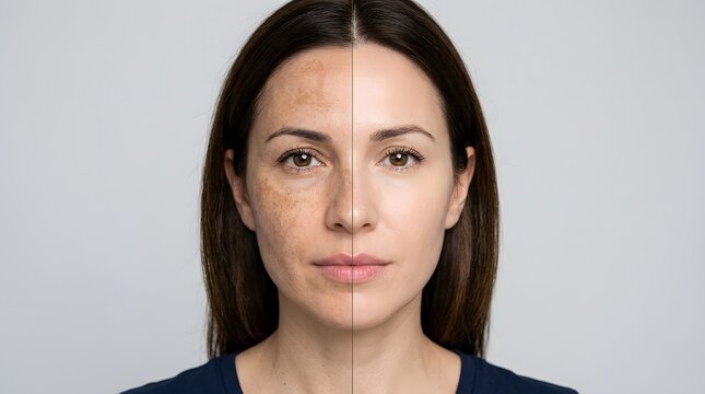 Woman face with skin hyperpigmentation split screen showing before and after laser therapy.