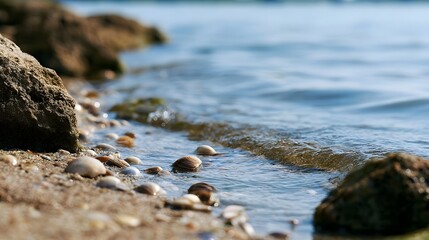 Obraz premium Calm ocean waves gently lap against a sandy shore scattered with smooth seashells and weathered rocks under bright sunlight