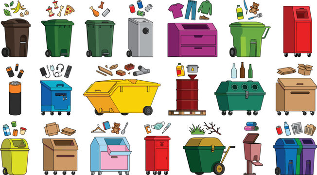 Recycling Waste Bin Vector Collection with Sorting Containers and Waste Management Equipment