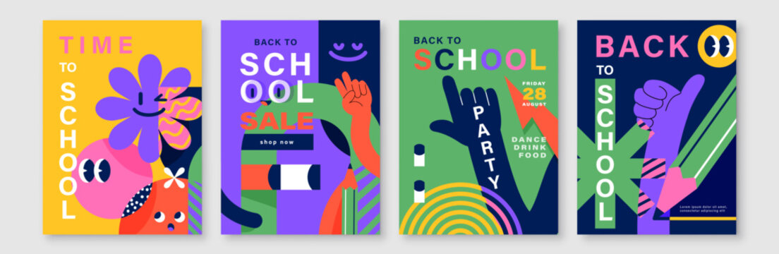 Back to school poster set with abstract geometric shapes and cartoon characters. Vector templates for education banners, sale flyers, party invitations