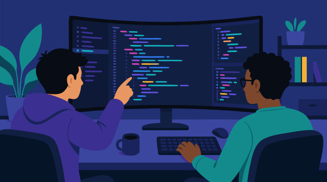 Two developers pair-programming at a curved ultrawide monitor with glowing code panels, collaborative night workspace vector for agile teamwork, debugging, software engineering, and startup culture
