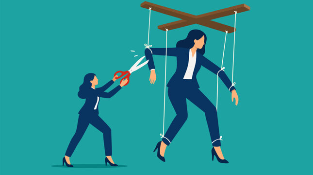 Determined businesswoman cuts controlling strings from a giant marionette version of herself, breaking free from workplace manipulation, burnout, hierarchy, and limits with bold red scissors