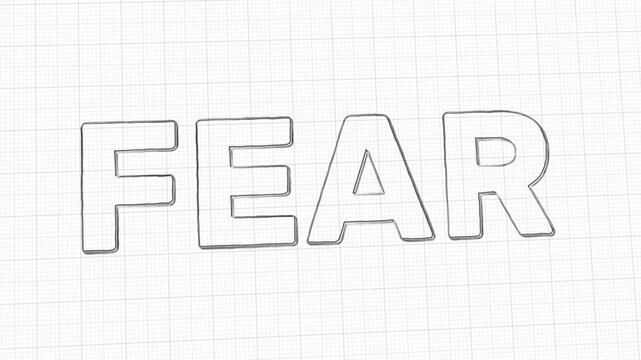 Sketch-style fear text animation on grid paper background. Letters build up stroke by stroke in a hand-drawn outline style. Suitable for psychology, emotional awareness, or mental health content.
