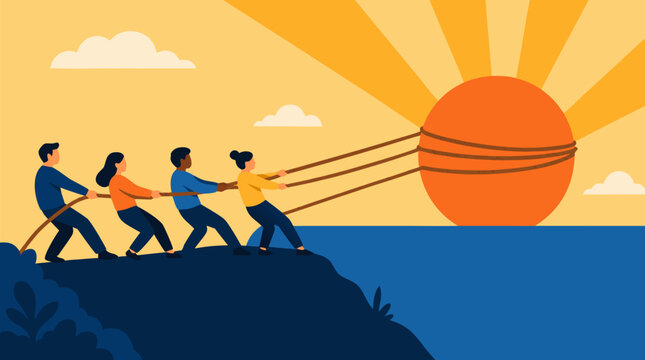 Diverse team pulling a radiant rising sun over the horizon with thick ropes, bold teamwork metaphor for shared vision, leadership, resilience, progress and collective business success