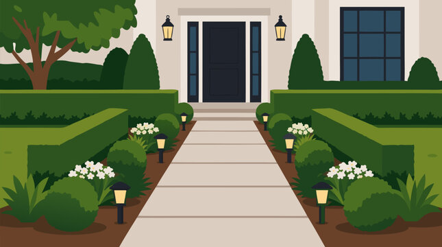 Elegant vector illustration of a landscaped front walkway with symmetrical trimmed hedges, glowing garden path lights, flowers, shrubs and modern home entrance for upscale curb appeal