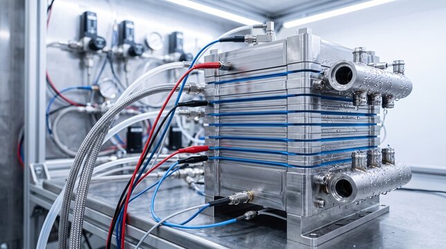 Metallic Hydrogen Fuel Cell Stack Blue Membrane Water Droplets Macro Zero Emission