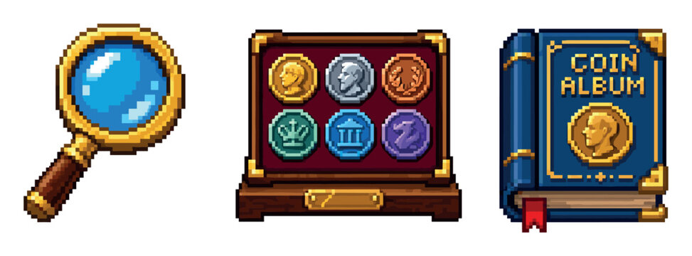 Pixel art coin collecting set featuring a magnifying glass with a wooden handle, a display case with six unique ancient coins, and a blue coin album book
