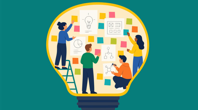 Creative team brainstorming inside a giant glowing lightbulb, adding sticky notes, charts, sketches and strategy ideas for innovation, collaboration, startup planning and design thinking