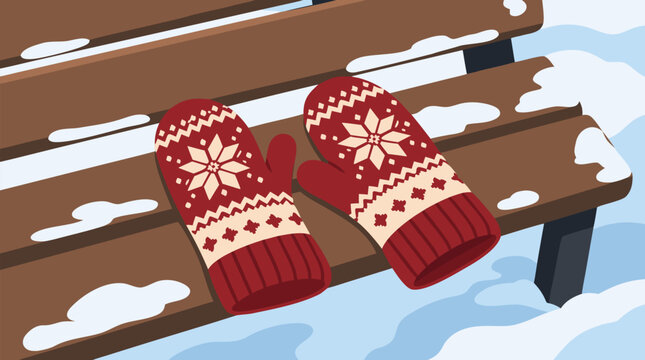 Cozy red woolen mittens with Nordic snowflake patterns resting on a snow dusted wooden park bench, cheerful winter vector scene for holidays, warmth, seasonal greetings and cold weather comfort
