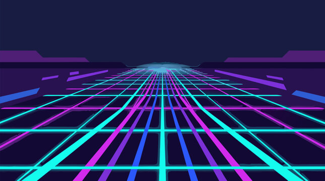 Glowing neon cyber grid receding toward a dark vanishing horizon, retro futuristic synthwave landscape with cyan, magenta and violet lines for technology backgrounds gaming posters and interfaces