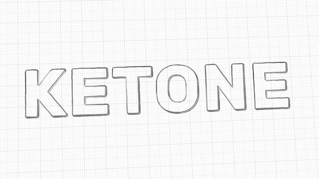 Sketch-style ketone text animation on grid paper background. Outline letters appear stroke by stroke in a hand-drawn style. Great for keto diet, metabolism, fitness, or nutrition content.
