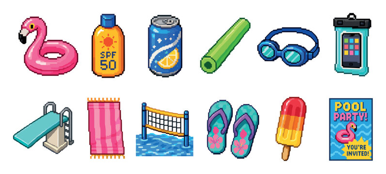 Pixel art summer pool party icon set featuring a flamingo float sunscreen soda can pool noodle goggles diving board towel volleyball net flip flops popsicle and invitation