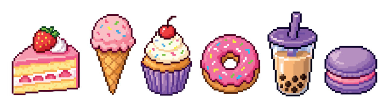 Pixel art sweet desserts and drinks set including strawberry cake slice ice cream cone cupcake pink donut boba bubble tea and purple macaron