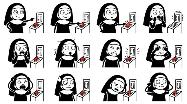 A collection of twelve cartoon stickers featuring a nun interacting with a pinball machine.