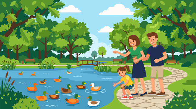 Joyful family with child feeding ducks at serene pond surrounded by lush green summer trees, capturing leisure bonding, outdoor recreation, nature appreciation, childhood wonder, and peaceful park