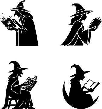 Halloween witch reading spell book silhouette.