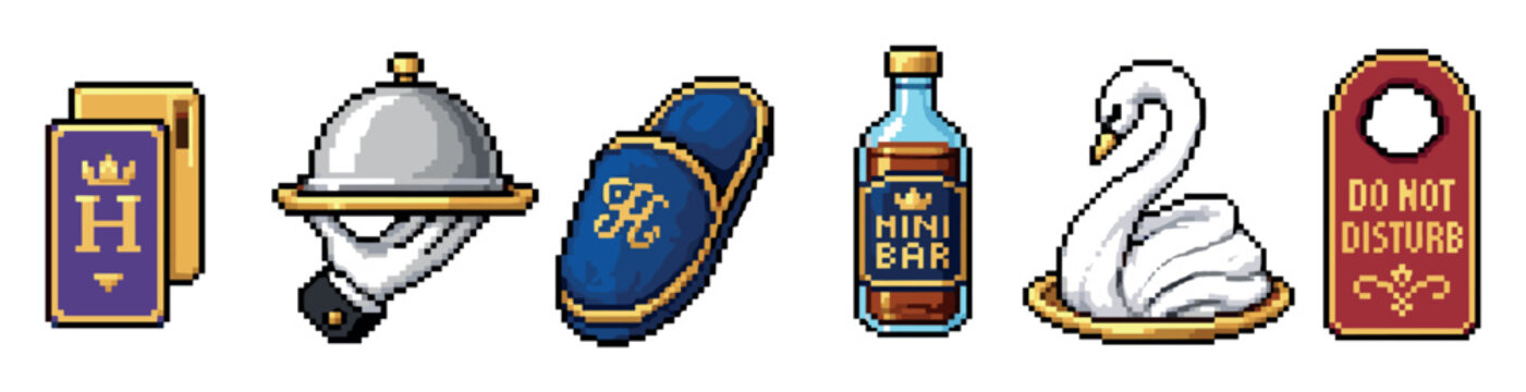Pixel art hotel service icons set featuring key card, room service tray, slipper, minibar bottle, towel swan, and do not disturb door hanger