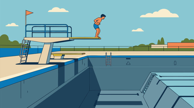 Anxious diver trembling on high diving board above empty drained swimming pool, summer sports fear concept, retro flat vector illustration with bold lines and vibrant blue palette