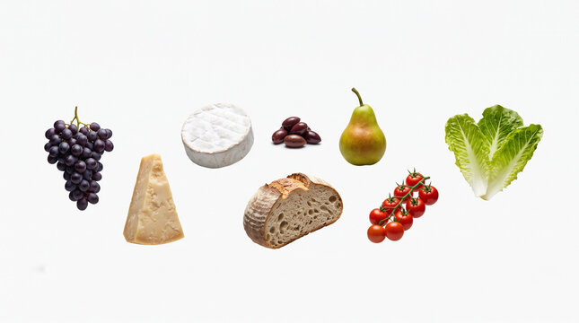 Minimal Elegant Levitation of Grapes Hard Cheese Camembert Olives Pear Rustic Bread Cherry Tomatoes and Lettuce