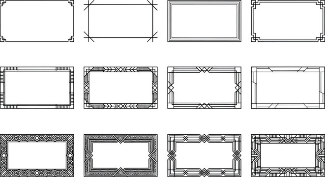 Set of decorative rectangular frames in art deco style transparent background