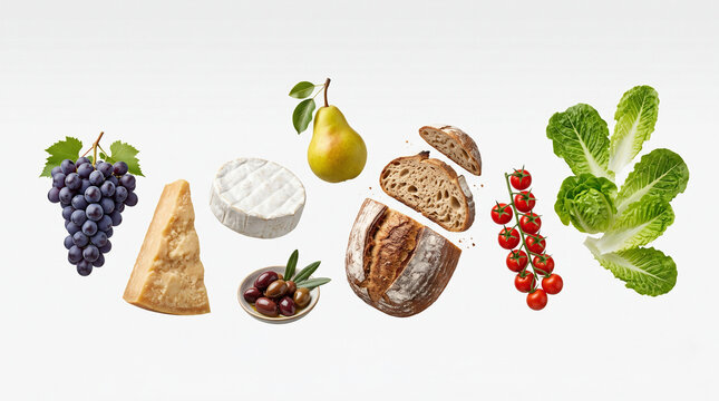 Minimal Elegant Levitation of Grapes Hard Cheese Camembert Olives Pear Rustic Bread Cherry Tomatoes and Lettuce