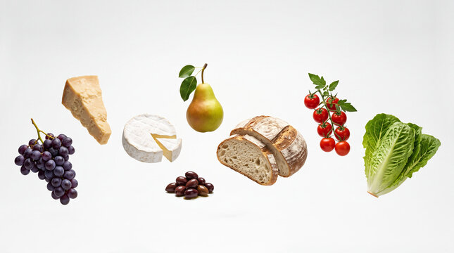 Minimal Elegant Levitation of Grapes Hard Cheese Camembert Olives Pear Rustic Bread Cherry Tomatoes and Lettuce