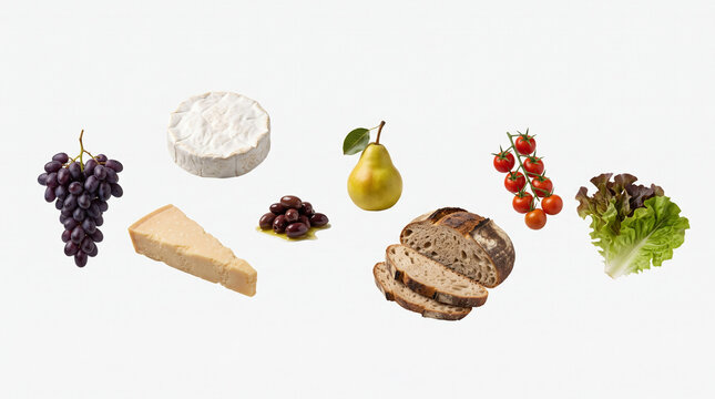 Minimal Elegant Levitation of Grapes Hard Cheese Camembert Olives Pear Rustic Bread Cherry Tomatoes and Lettuce