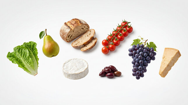 Minimal Elegant Levitation of Grapes Hard Cheese Camembert Olives Pear Rustic Bread Cherry Tomatoes and Lettuce