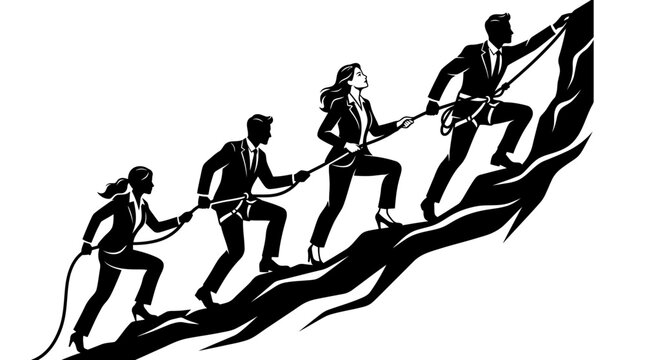 Business Team Climbing Mountain Rope, Success, Partnership, Leadership, Teamwork